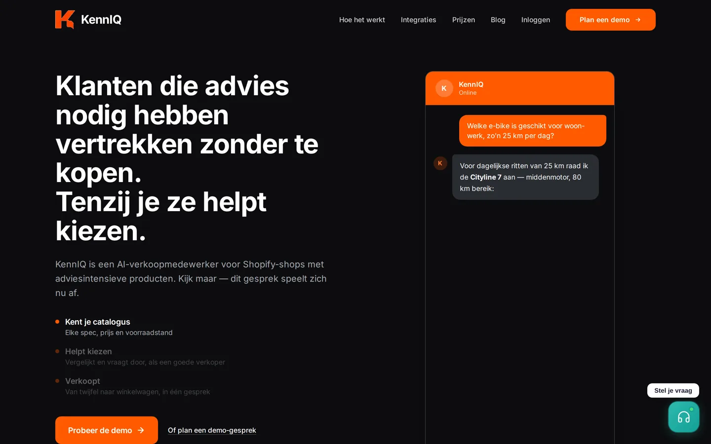 Productwebsite van KennIQ, AI-chatbot voor webshops